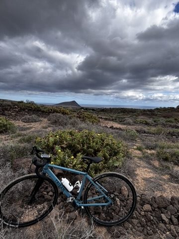 Anca and the bike deep in roadside scrub in Tenerife — not on the highway, not on a road either, in the bushes