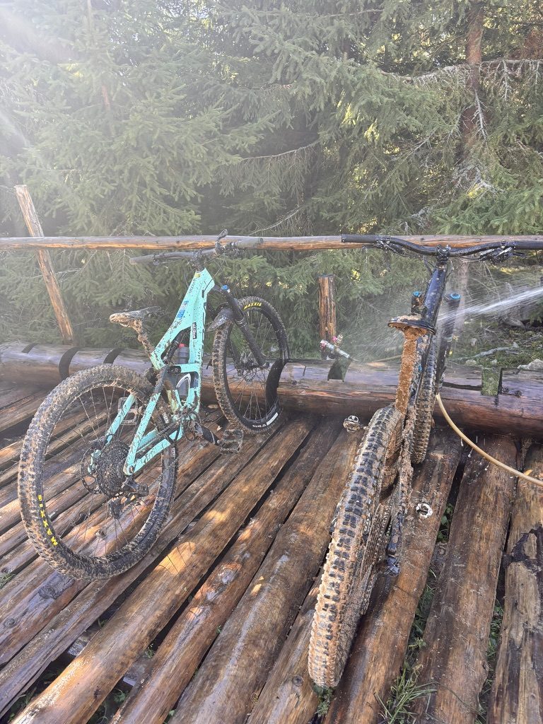 Two muddy MTBs being cleaned on a wooden platform, pine forest and morning mist behind