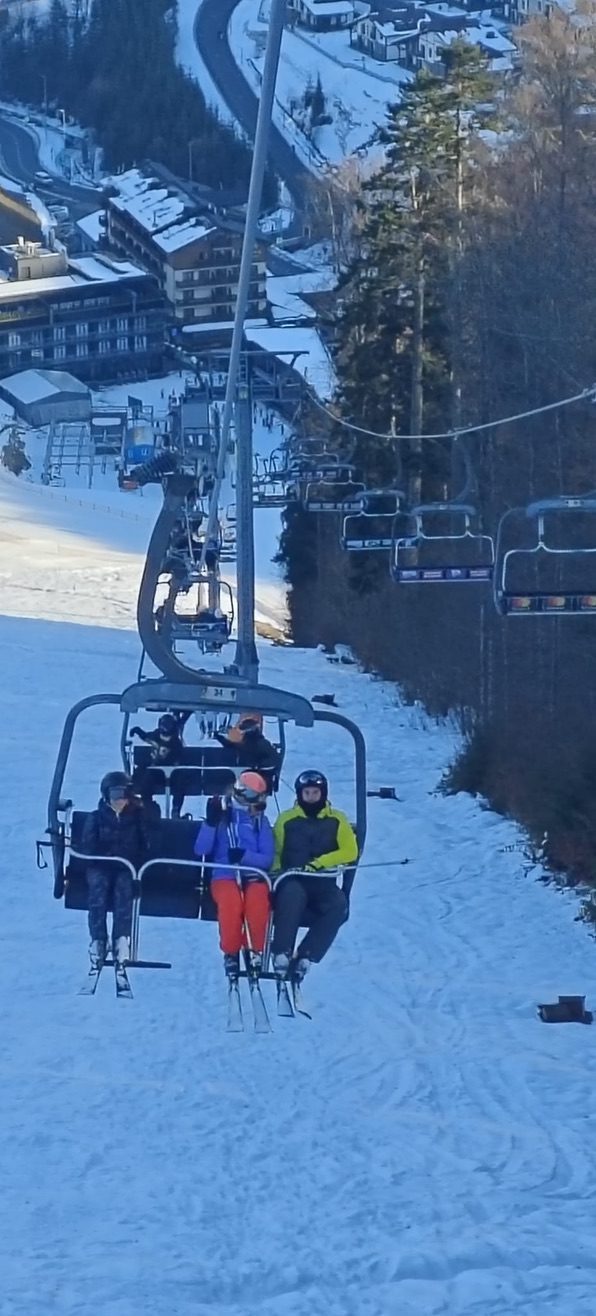 Empty ski slopes in the Romanian mountains in early morning — fresh snow, pine trees, clear sky