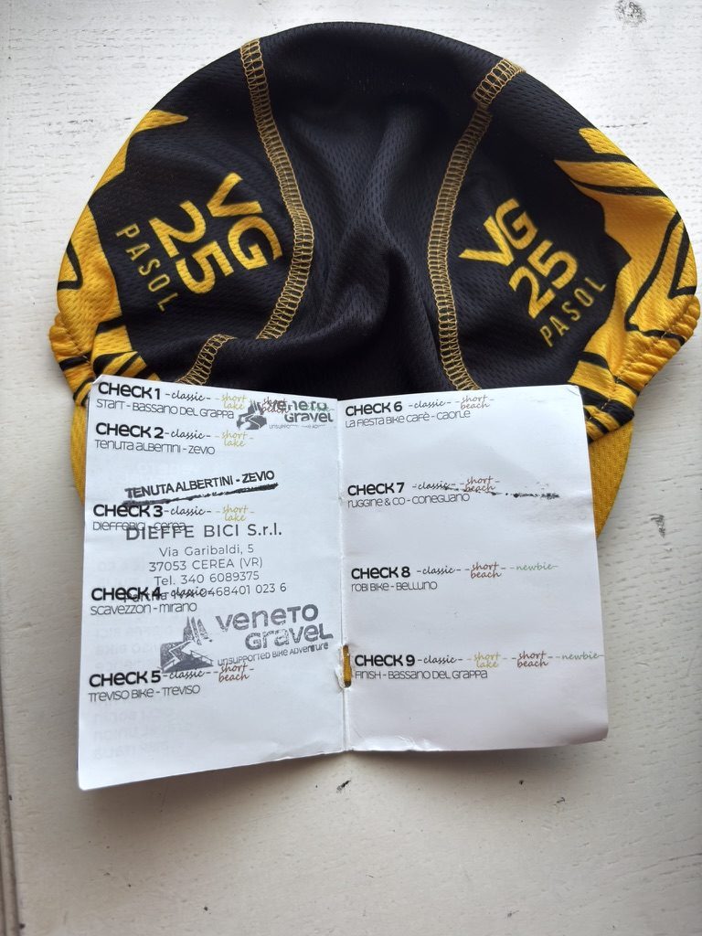 The Veneto Gravel 2025 passport — the finisher credential with route checkpoints to stamp