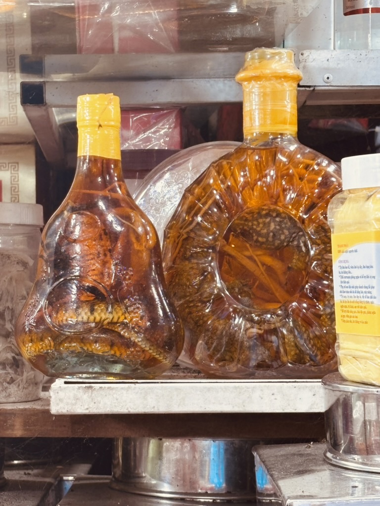 Two bottles of Vietnamese snake wine — whole snakes preserved in rice liquor, sitting on a market shelf