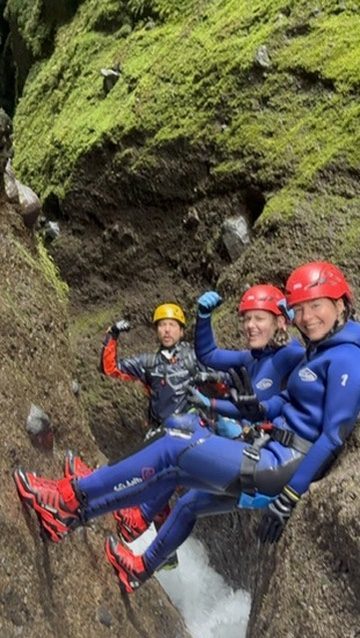 The full sequence in action — crawling through rock passages, jumping between ledges, rappelling down the waterfall face