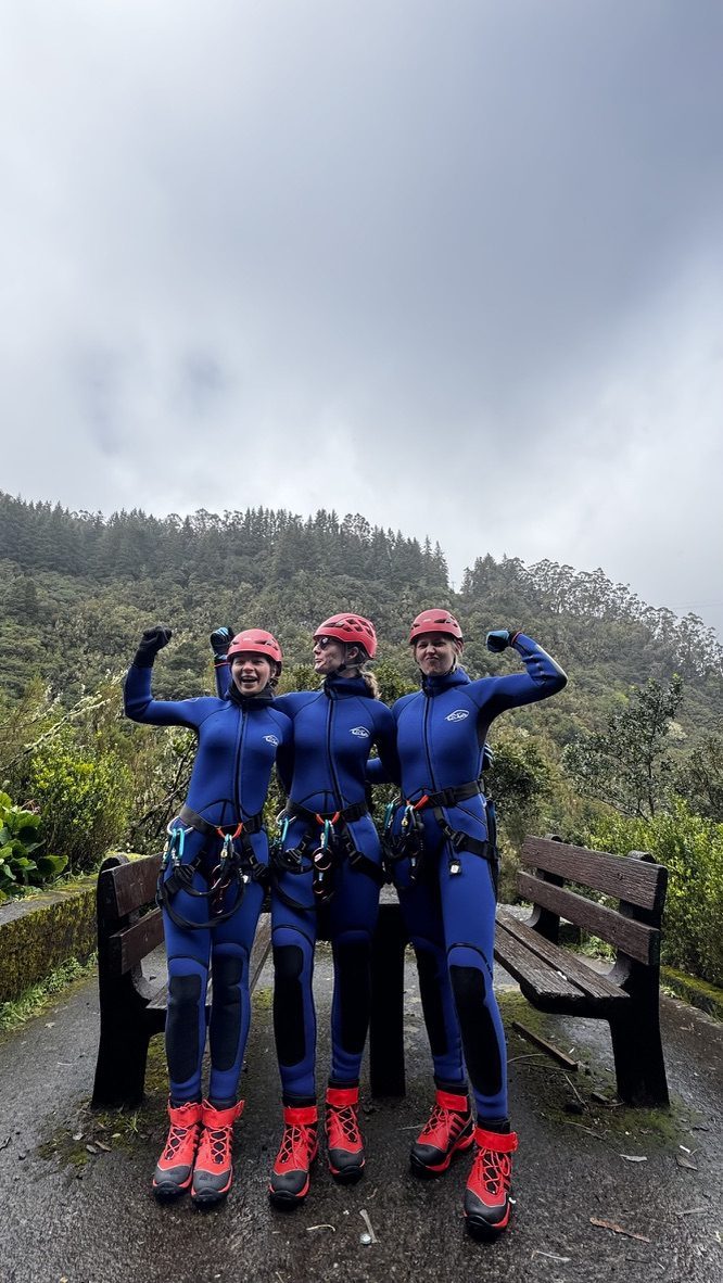 A group of determined women at the jump point — all of them having jumped already, Anca still on the ledge