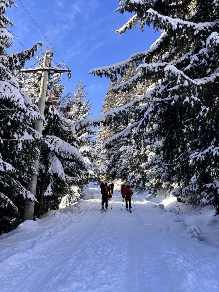 Sunny winter countryside scene, hikers on a snowy path while ski lifts and skiers are visible on the slope above