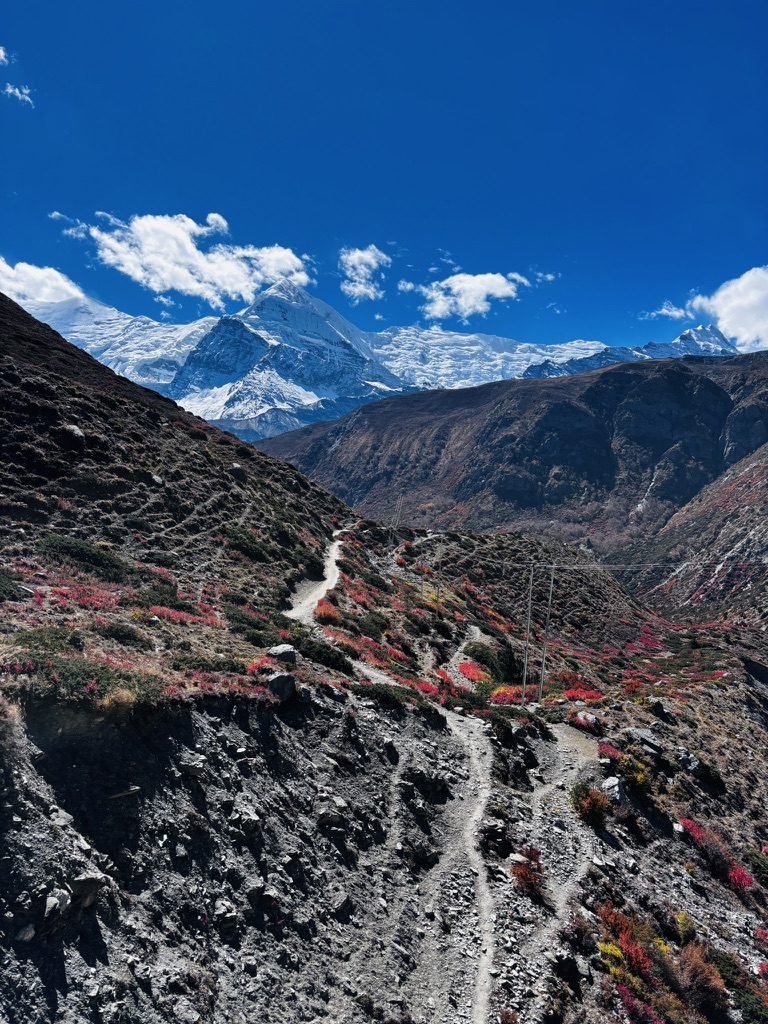 Himalayan mountain range with snow-capped peaks and clear blue sky, Nepal