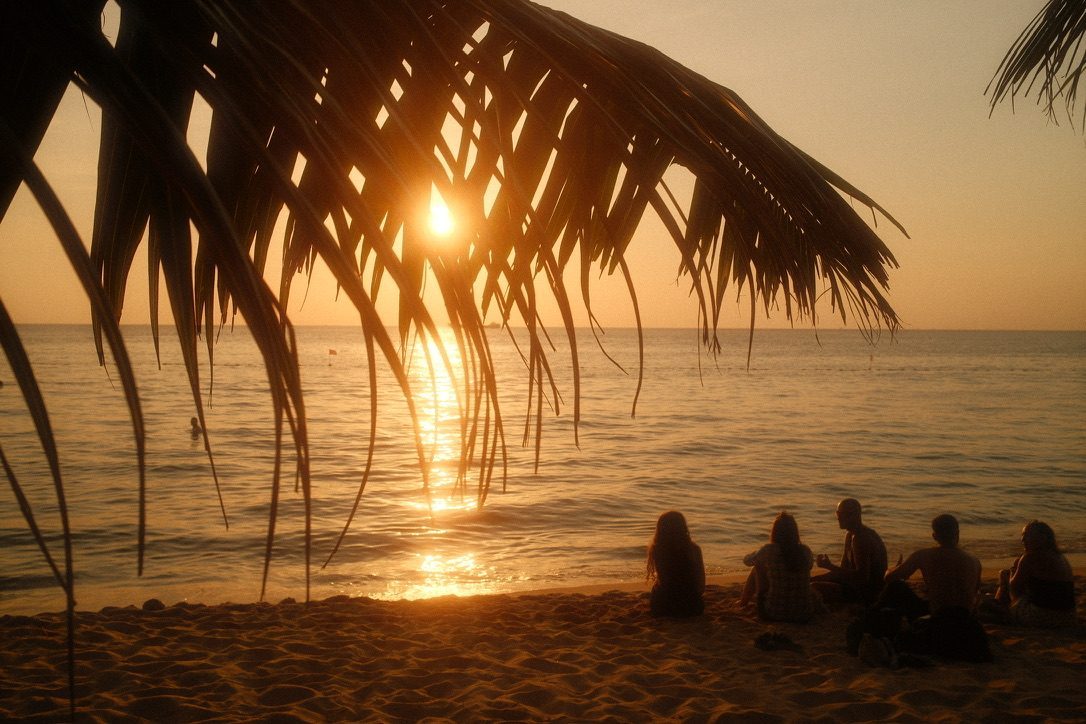 Golden sunset over Phu Quoc beach, Vietnam, palm fronds silhouetted against the glowing sky